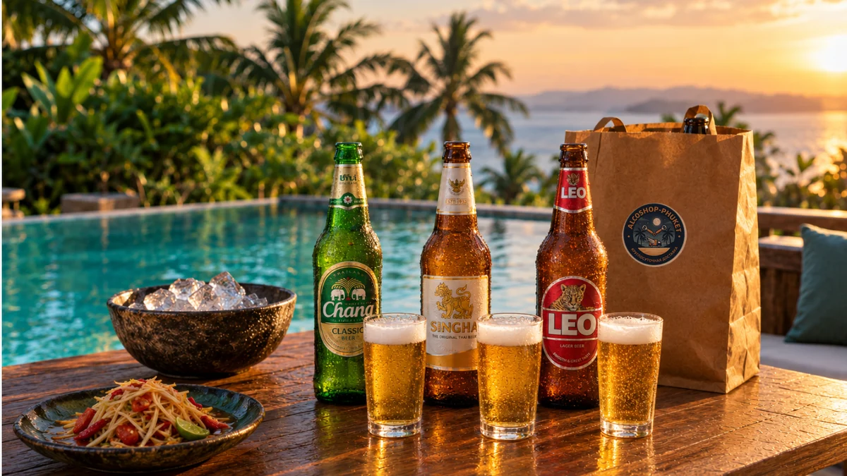 Chang, Singha and Leo beer bottles with glasses of beer, ice and papaya salad by a villa pool in Phuket, next to an ALCOSHOP delivery bag