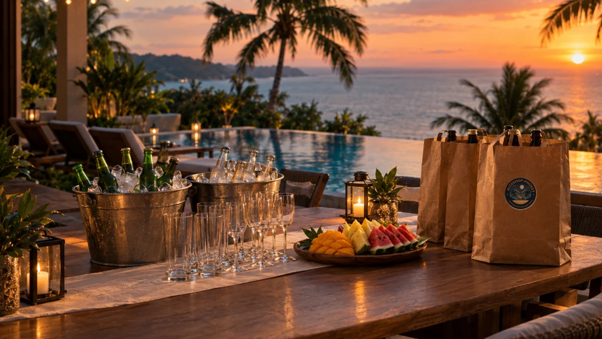A villa party table in Phuket at sunset with ice buckets, glasses, fruit and ALCOSHOP delivery bags
