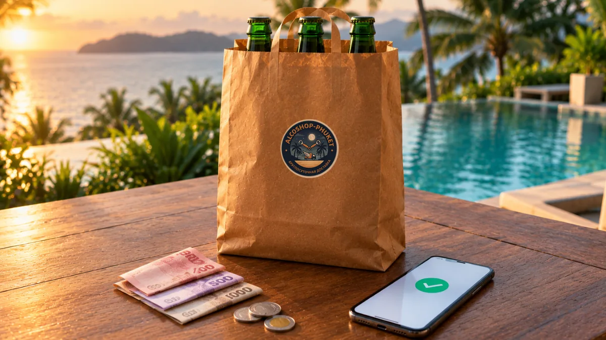 Cash in Thai baht, a phone with a bank transfer screen and an ALCOSHOP delivery bag on a Phuket villa table
