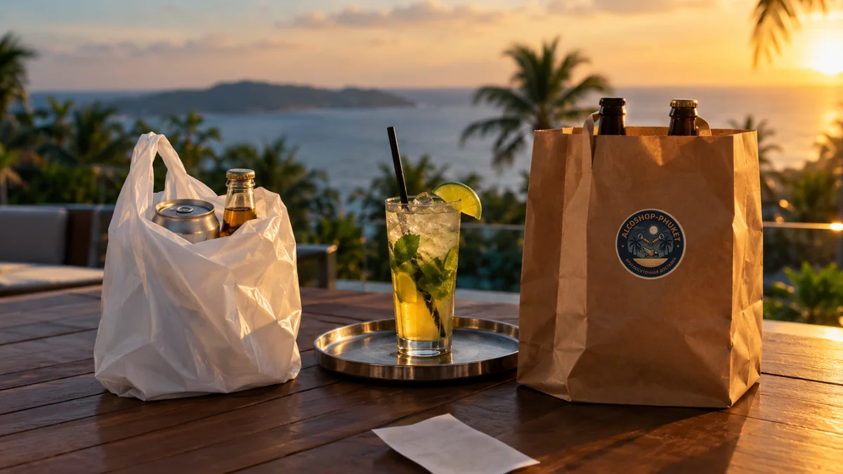 A shop bag, a cocktail on a bar tray and an ALCOSHOP delivery bag side by side on a Phuket villa terrace at sunset