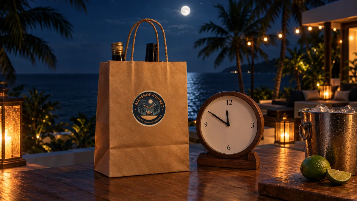 A paper bag with the ALCOSHOP sticker and a clock showing ten to midnight on a Phuket villa terrace at night