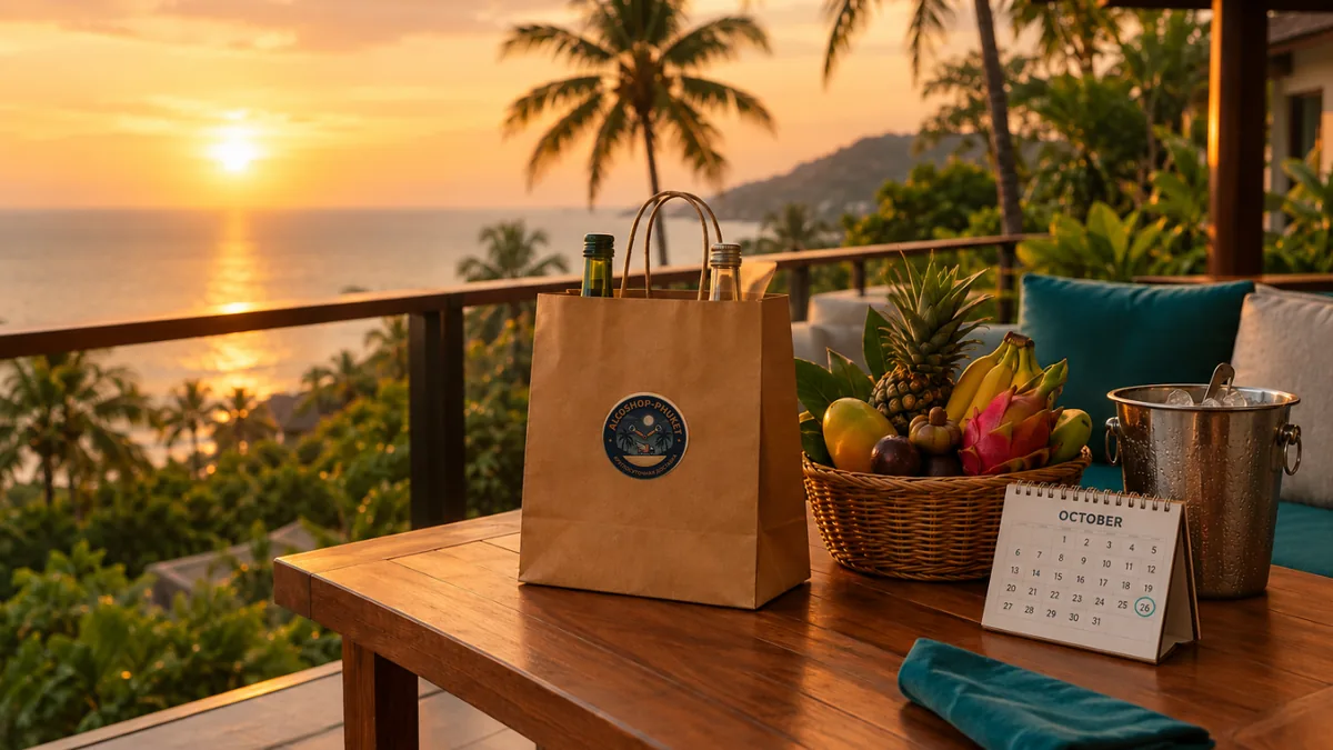 Bottles in an ALCOSHOP paper bag and a calendar on a Phuket villa terrace the evening before a dry day