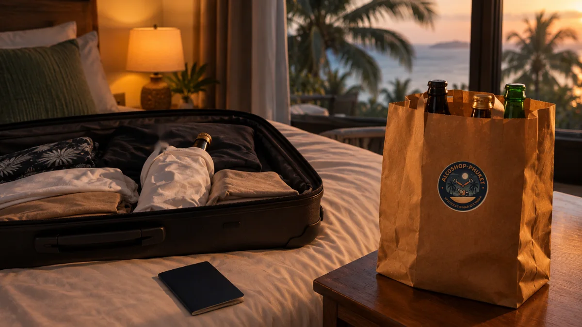 An open suitcase with one bottle wrapped in a T-shirt and an ALCOSHOP delivery bag on the bedside table of a Phuket villa