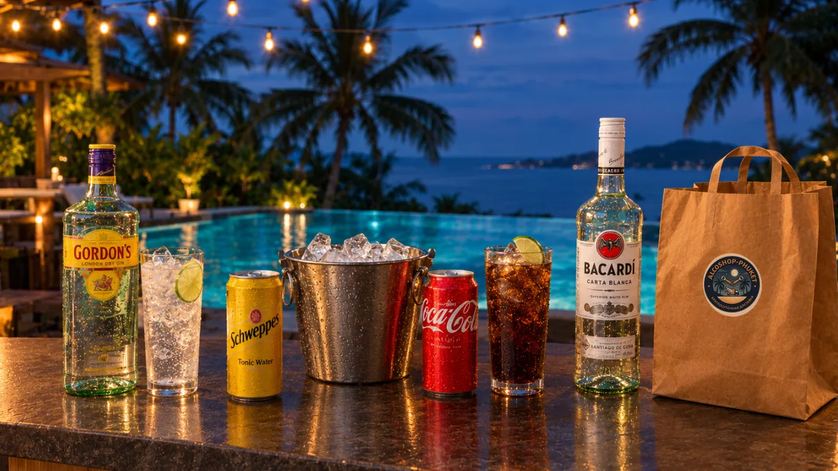 Gin and tonic and rum and cola on a Phuket villa bar with Gordon's gin, Bacardi rum, tonic and cola cans and an ALCOSHOP delivery bag
