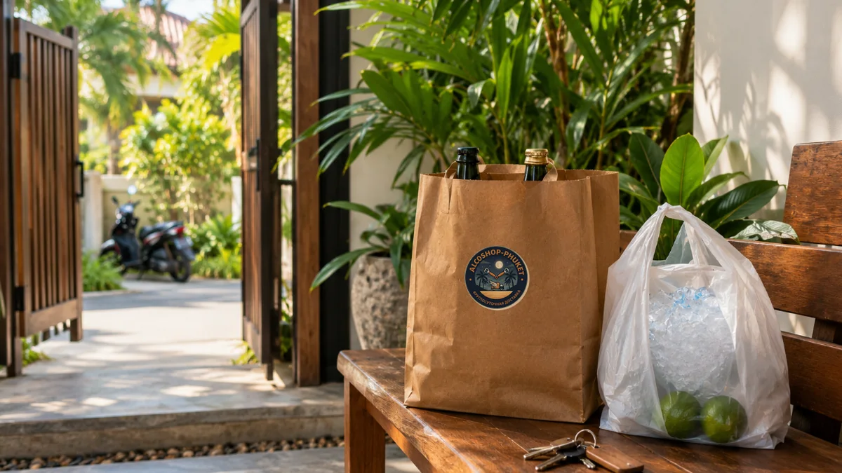 An ALCOSHOP delivery bag and a shop bag with ice and limes on a bench at the entrance of a Phuket villa