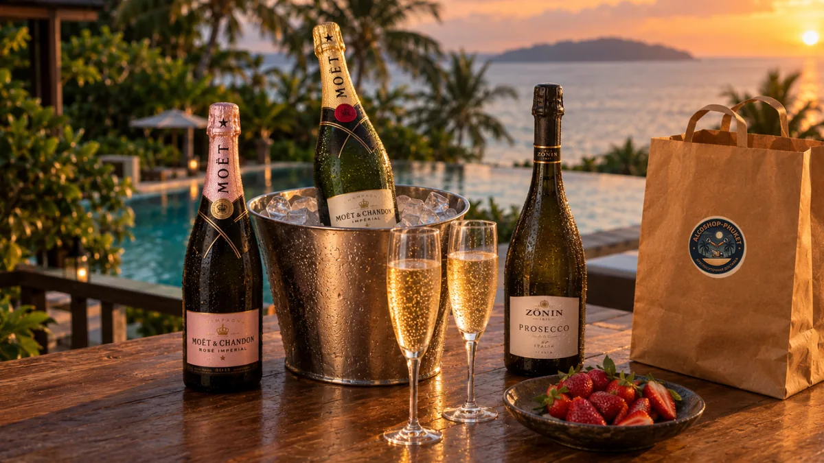 Moët & Chandon champagne in an ice bucket with two flutes and an ALCOSHOP delivery bag on a Phuket villa terrace at sunset